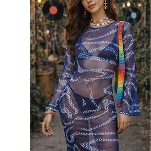 Y2K Sheer Mesh Maxi Dress Blue Abstract Print Long Sleeve Cyber